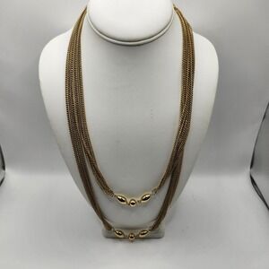 Vintage Gold Tone Multi‎ Strand Curb Chain Necklace with Polished Beads